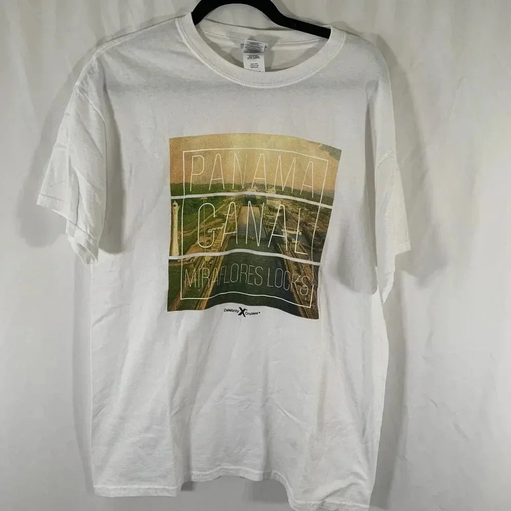 Panama Canal Shirt Unisex Large White Graphic Print Short Sleeve Crew Neck